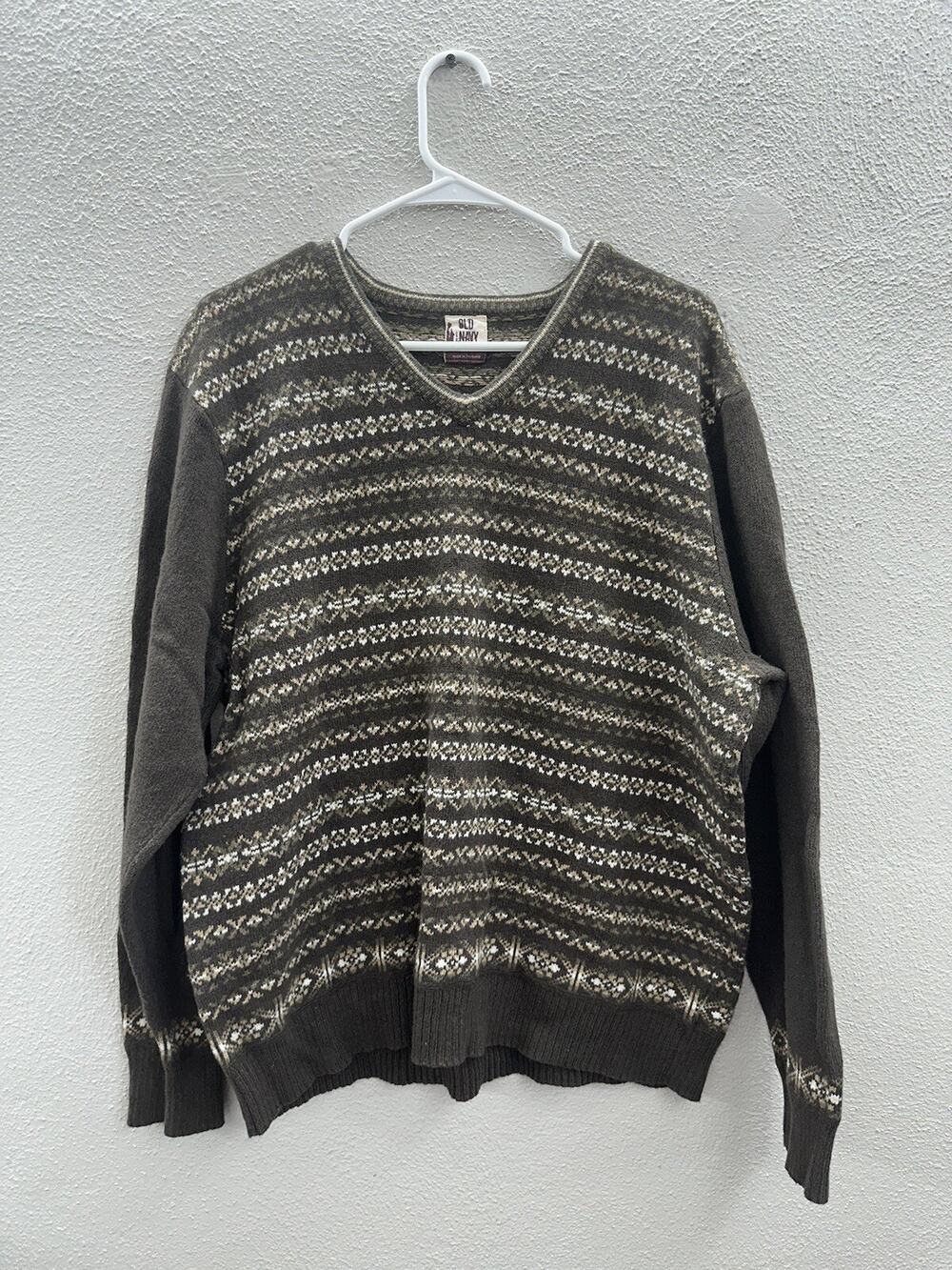 Old Navy Mens Sweater Size XXL Brown Fair Isle Long Sleeve V-Neck Vintage Wool